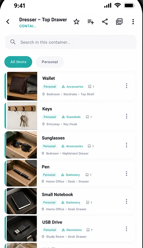 My Orderly Home photo-rich item list