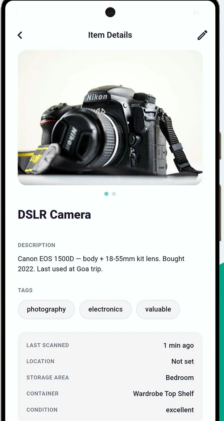 Item details with tags and location