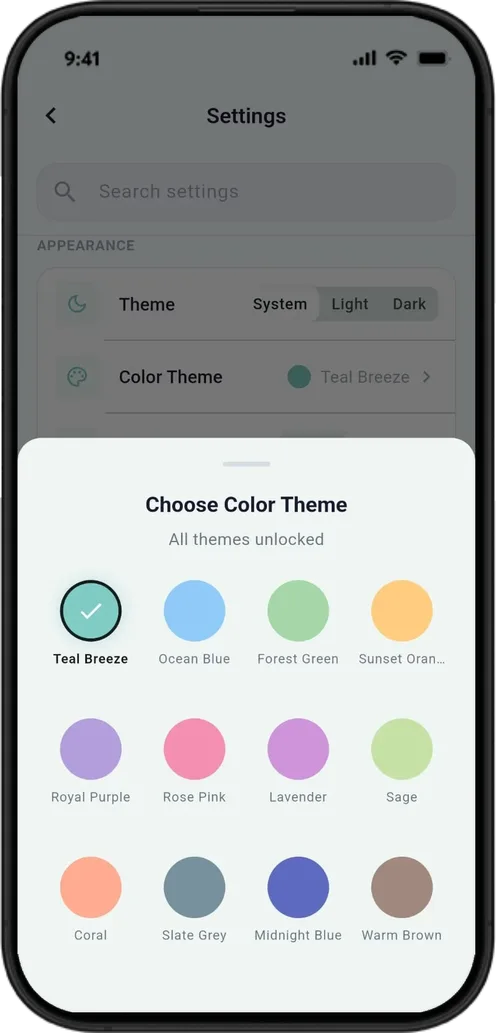 The twelve colour themes, chosen from a sheet in the app